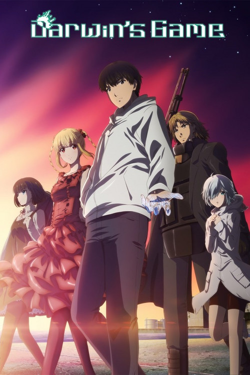 The poster features a dramatic scene with a central male character in a white hoodie, surrounded by five diverse characters in vibrant, contrasting outfits. The background is filled with warm sunset hues, creating an intense and mysterious atmosphere. The title "Darwin's Game" is prominently disp...