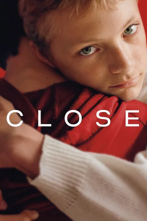 A tender, intimate portrait captures a young boy with a gentle, contemplative gaze as he rests his chin on another person's shoulder. The warm, soft lighting enhances the emotional depth, while the muted red and white tones evoke a sense of nostalgia and quiet connection.