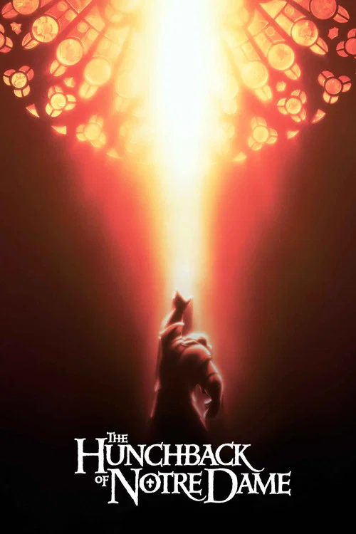 The poster captures the haunting atmosphere of "The Hunchback of Notre Dame," featuring a lone figure clinging to the edge of a crumbling cathedral. The warm, golden hues of the sunset contrast with the dark, ominous tones of the surrounding structures. The mood is one of melancholy and awe, evok...