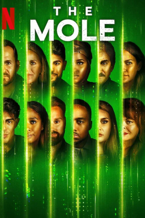 The Mole poster features a grid of nine characters against a vibrant green background, evoking mystery and intrigue. The characters' serious expressions suggest a suspenseful narrative, while the glowing vertical lines add depth and a sense of hidden secrets.