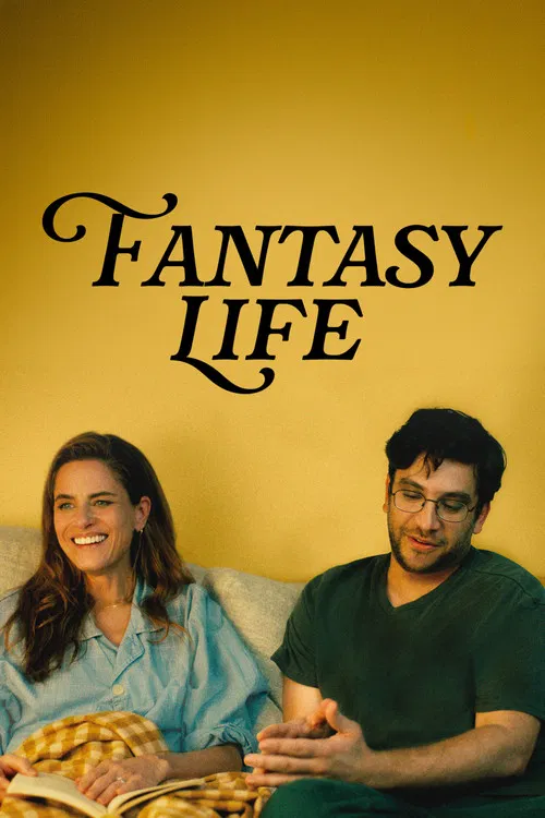 The poster features a warm, golden-yellow background with the title "Fantasy Life" in elegant, cursive black lettering. A woman in a light blue shirt and a man in a dark green shirt sit side by side, smiling warmly at the viewer. Their relaxed posture and cheerful expressions convey a sense of co...