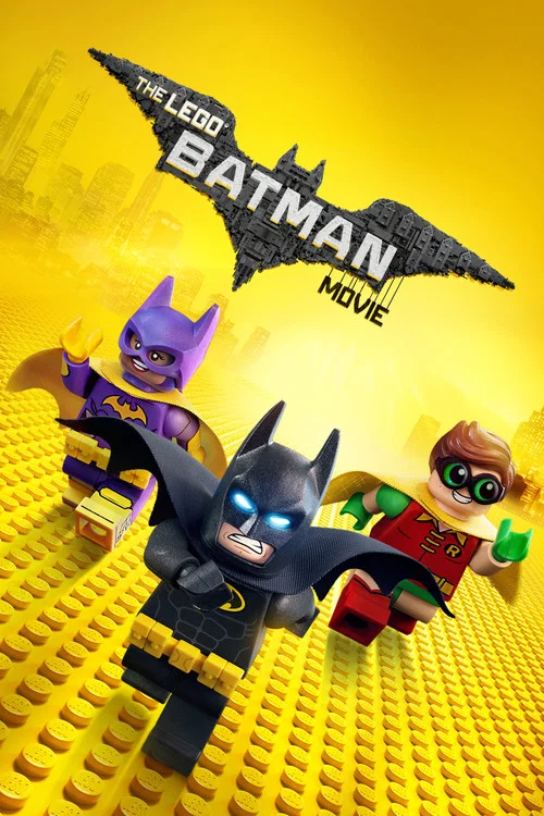 The Lego Batman Movie poster features a dynamic scene with Lego minifigures in action poses against a vibrant yellow background. The iconic Batmobile looms above, its black bat emblem glowing with a menacing aura. The characters exude energy and adventure, capturing the playful yet thrilling esse...