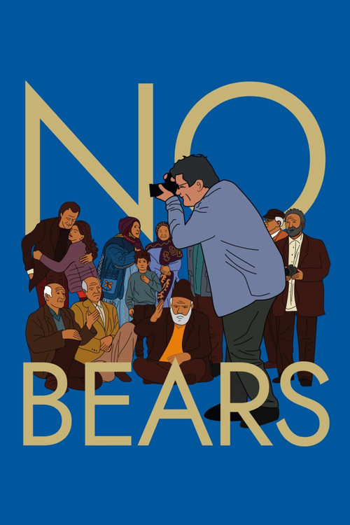 The poster features a group of diverse people gathered around a large "NO BEARS" sign against a deep blue background. The central figure, wearing a blue jacket, appears to be holding a microphone, suggesting a protest or demonstration. The muted earth tones of the clothing contrast with the vibra...