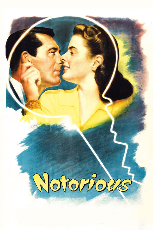 A black-and-white poster featuring a man embracing a woman in a heartwarming embrace, with the title "Notorious" prominently displayed in white script on their black shirt. The mood is intimate and nostalgic, capturing the essence of the film's romantic and dramatic narrative.