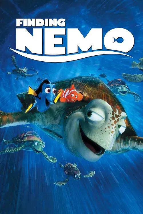The poster features a vibrant underwater scene with Nemo swimming alongside Dory and other colorful fish. The deep blue ocean backdrop creates a mysterious yet adventurous mood, while the bright white title "Finding Nemo" stands out prominently against the serene aquatic environment.