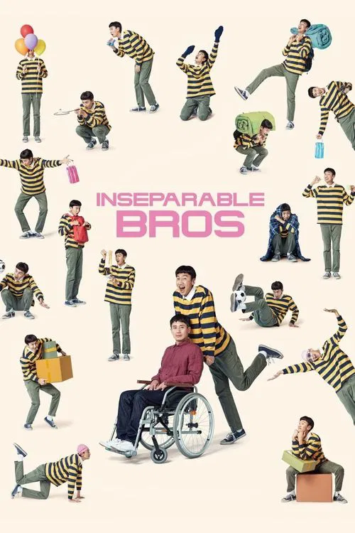 The poster features a chaotic scene of people in striped shirts and casual clothing, some in motion, others sitting or standing. The title "INSEPARABLE BROS" is prominently displayed in bold pink letters. The overall mood is lighthearted and humorous, capturing the essence of a group of friends e...