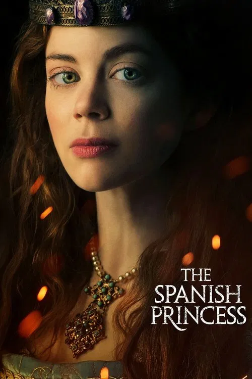 The poster features a woman with long, wavy brown hair adorned with a jeweled crown, exuding elegance and mystery. Warm orange and golden hues create a dramatic, romantic atmosphere, suggesting a captivating story of royal intrigue and adventure.