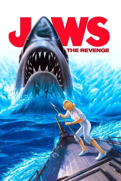 A lone man stands on a boat, gripping a fishing rod as a massive shark breaches the ocean. The poster features bold red text and dynamic blue water, evoking suspense and danger.