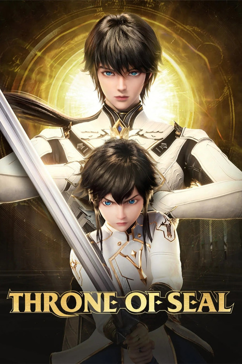 The poster features two characters in a dramatic pose against a glowing golden background. The male character in the background holds a sword, while the younger character stands in front of him, exuding a sense of mystery and power. The warm, mystical colors evoke a fantasy atmosphere, suggesting...