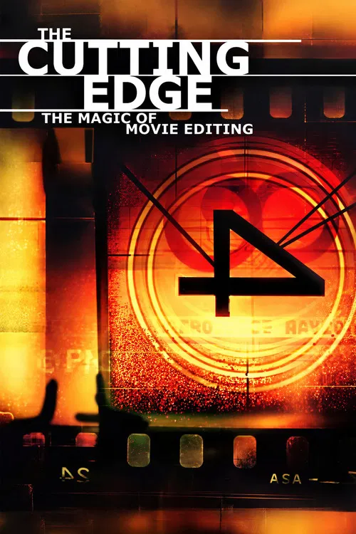 The poster features a dark, moody atmosphere with warm orange and red hues. A silhouette of a person is visible on the left, while a large, glowing "P" symbol dominates the center. The title "The Cutting Edge" is prominently displayed at the top, emphasizing the film's focus on editing techniques.