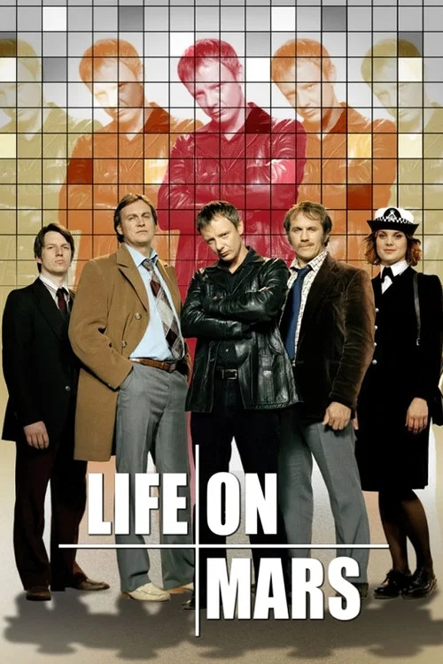 The poster features two men standing against a warm, golden background with a classic car behind them. The man on the left wears a black leather jacket, while the man on the right sports a tan coat over a striped shirt. The mood is adventurous yet slightly melancholic, suggesting a journey throug...