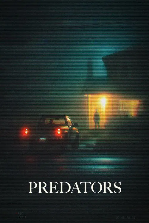 The poster depicts a tense, moody scene at night with a car parked in front of a house. A silhouette stands outside, adding mystery and suspense. The cool blue tones contrast with the warm glow of the house, creating an eerie atmosphere. The title "Predators" is prominently displayed at the botto...