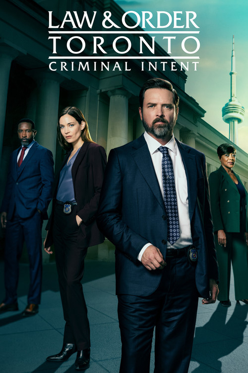 The poster features a somber scene with two men and a woman in dark suits, standing against a backdrop of towering skyscrapers and a cloudy sky. The muted tones of black, gray, and muted blues create a serious and tense atmosphere, reflecting the show's focus on crime and justice.