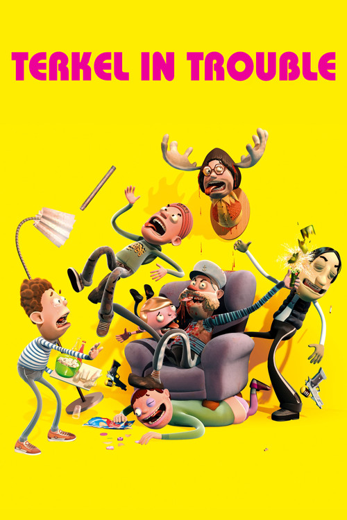 The poster features a chaotic scene with six animated characters in a yellow background, suggesting a comedic or absurd situation. The characters are depicted with exaggerated expressions and dynamic poses, conveying a sense of urgency and humor. The bold pink title text at the top emphasizes the...