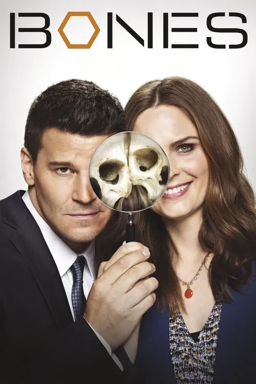 The poster features two characters in a professional setting, with a man holding a magnifying glass over a skull, suggesting mystery and intrigue. The dark tones and serious expressions create a suspenseful mood, while the bright orange title adds a pop of color.