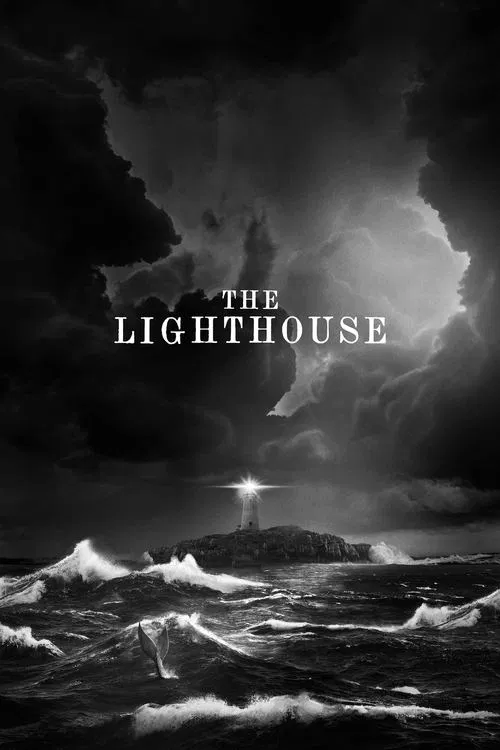 This black and white poster features a dramatic stormy sky with swirling clouds and a solitary lighthouse piercing the darkness. The turbulent ocean below adds to the ominous atmosphere, evoking a sense of mystery and suspense.