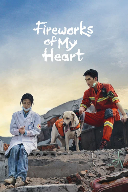 The poster features two individuals amidst rubble, evoking a somber yet hopeful mood. The warm sunset hues blend with the cool tones of the damaged landscape, creating a visually striking composition that hints at themes of resilience and recovery.