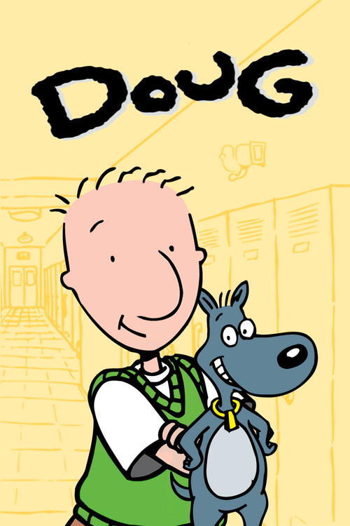 This cartoon poster features a cheerful young boy with spiky hair and a green vest, holding a blue donkey. The warm yellow background and playful expressions create a friendly and inviting mood, capturing the essence of the beloved children's TV show.