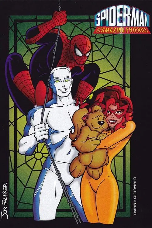 The poster features Spider-Man and his friends in a vibrant, colorful scene. Spider-Man stands confidently while his friends—Spider-Gwen, the red-headed woman, and the golden lion—add dynamic energy to the image. The stained-glass-style background with green and gold tones creates a magical atmos...
