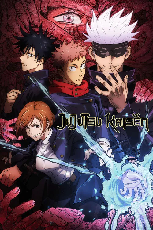 The poster features four intense characters in dramatic poses against a dark, fiery background. The central figure with white hair and a glowing blue energy around him commands attention, while the others display dynamic expressions. The vivid colors—reds, blacks, and blues—create a sense of urge...