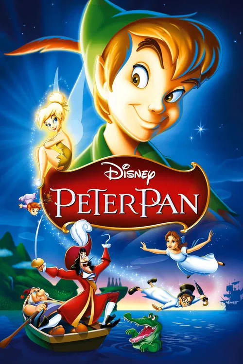This vibrant movie poster features Peter Pan, Captain Hook, and Wendy in a magical adventure scene. The colors are rich and vivid, with deep blues, greens, and warm tones creating a dreamy atmosphere. The characters are depicted in dynamic poses, suggesting an exciting journey through the magical...