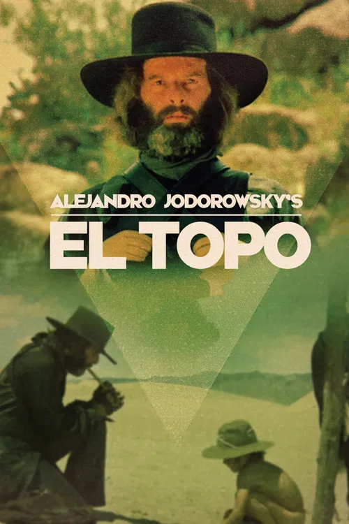 The poster features a lone cowboy riding a horse under a blue sky, evoking a classic Western mood. Below the figure, the title "El Topo" is prominently displayed in bold letters, with a small portrait of a woman in a frame at the bottom left. The overall composition suggests a timeless, adventuro...