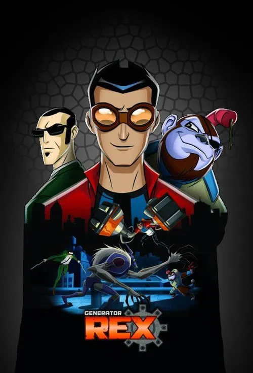 This poster features a central character in a red jacket with goggles, surrounded by other characters in a dark, moody atmosphere. Vibrant colors like red, blue, and orange contrast against the dark background, creating a dynamic and energetic visual. The mood is intense and action-oriented, sugg...