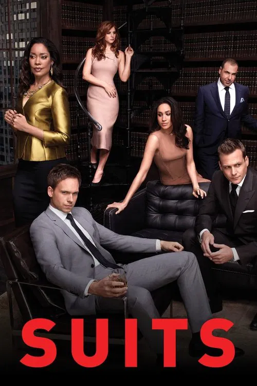 The poster features six elegantly dressed women in black suits against a dramatic, moody cityscape at dusk. The bold red "Suits" text anchors the image, conveying a sense of sophistication and intrigue. The overall mood is mysterious and professional, hinting at the high-stakes drama of the show.