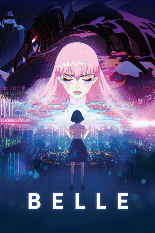 The poster features a striking anime-style girl with pink hair and a dark dress, standing in front of a mysterious, shadowy figure. The background is filled with vibrant colors—neon blues, purples, and pinks—creating an ethereal, magical atmosphere. The title "BELLE" is prominently displayed at t...