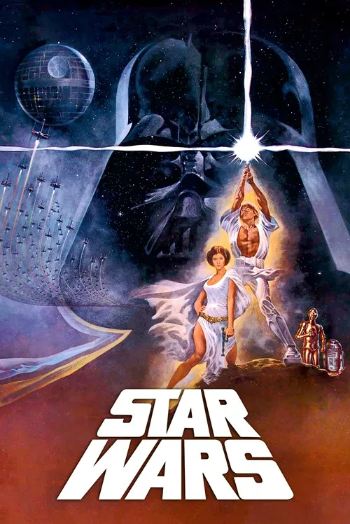 A dramatic poster featuring Darth Vader looming over a group of Jedi, with a bright white light emanating from his helmet. The scene is set against a dark, starry background, emphasizing the epic scale of the Star Wars universe.