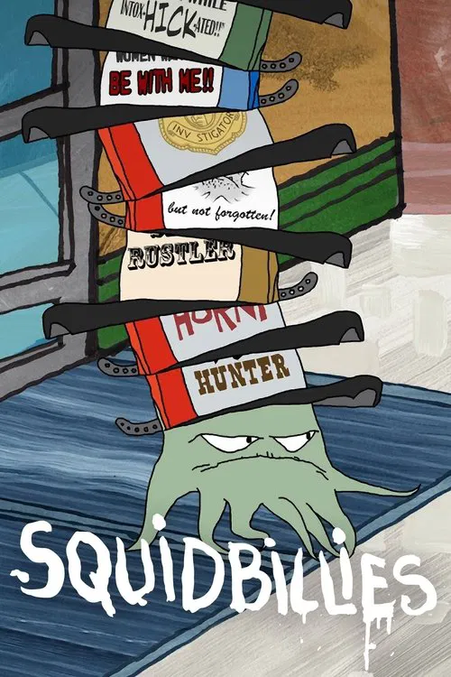 The poster features a surreal scene with a green, zombie-like Squidbillie character at the bottom, surrounded by colorful, striped figures that resemble people. The mood is eerie and humorous, with bold colors and playful yet unsettling imagery.