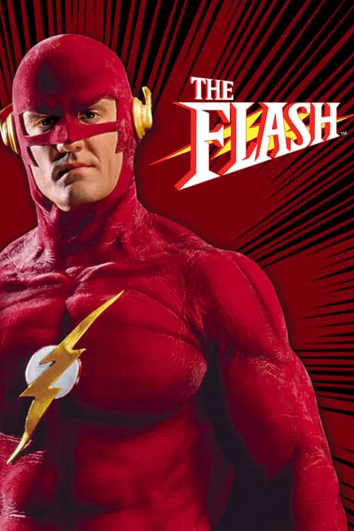 The poster features a muscular, red-clad superhero with a determined expression, holding a lightning bolt. The bold, stylized title "THE FLASH" dominates the upper right, set against a dynamic red background with radiating lines. The overall mood is energetic and heroic, capturing the essence of ...