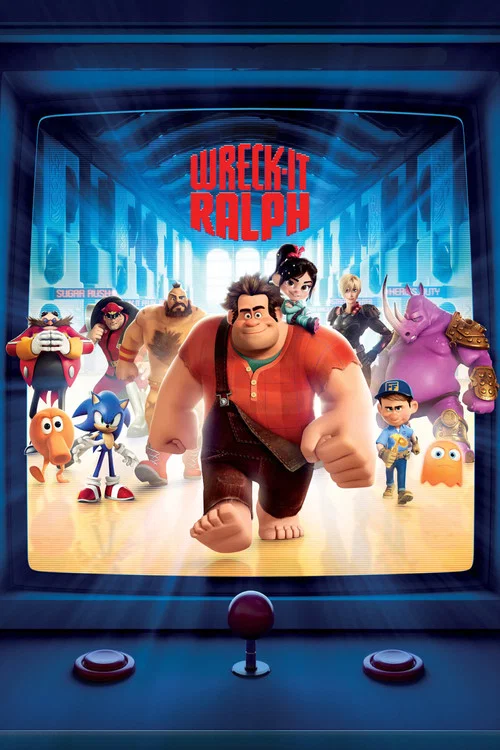 The poster features a vibrant blue background with bold red text spelling "WRECK IT RALPH." Ralph, the muscular character, dominates the center with a confident stance, while his friends—Ralph, Ralph, and Ralph—surround him in cheerful poses. The overall mood is energetic and fun, capturing the p...