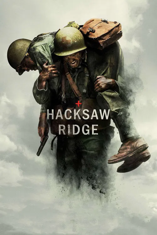The poster depicts soldiers in combat gear, with one carrying another wounded man. The muted greens and browns of military uniforms blend with the dusty, war-torn background. A red cross symbolizes medical aid amidst the chaos. The mood is somber yet hopeful, capturing the resilience of the troops.