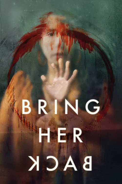 The poster features a young girl with pale skin and dark eyes, her face framed by a swirling red halo. A gloved hand reaches down to touch her forehead, creating a sense of connection or danger. The background is a muted green with subtle white speckles, evoking a mysterious and eerie atmosphere.