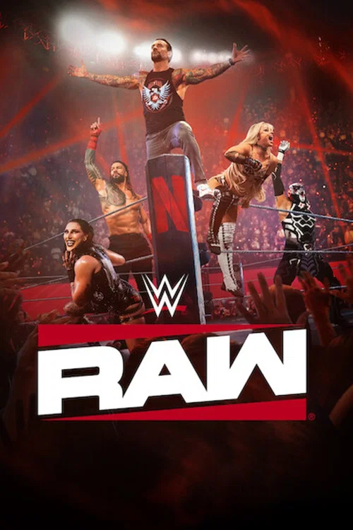 The poster features four wrestlers in dramatic poses against a bold red and black background, with the WWE logo prominently displayed at the bottom. The intense expressions and muscular physiques convey a fierce, competitive atmosphere.