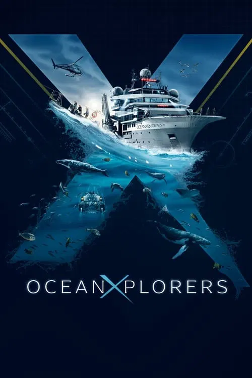 The poster features a dramatic underwater scene with a large ship navigating through turbulent waves, surrounded by divers and marine life. The deep blue hues create an immersive and mysterious atmosphere, while the bright white of the ship contrasts sharply against the dark ocean. The title "Oce...
