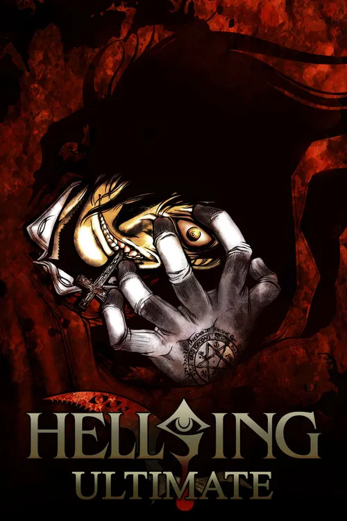 The poster features a dramatic scene with a dark-haired figure in a red cloak wielding a massive sword, surrounded by swirling black and red energy. The title "HELLING ULTIMATE" is prominently displayed at the bottom in bold, metallic lettering. The overall atmosphere is intense and supernatural,...