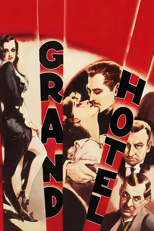 The poster features a dramatic red background with bold black text reading "Grand Hotel." It showcases a collage of characters in various poses, suggesting a classic film noir atmosphere. The composition evokes suspense and intrigue, hinting at a story filled with mystery and romance.