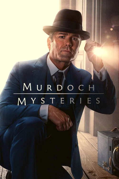 The poster features a mysterious man in a red suit and black hat, surrounded by vintage scientific equipment and glowing lab instruments. The warm lighting and dark background create an eerie, suspenseful mood, hinting at the thrilling mysteries of the show.