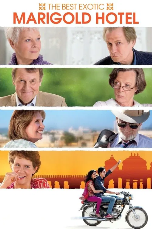 This movie poster features a collage of six characters, each with distinct expressions and attire, set against vibrant backgrounds of warm oranges, greens, and blues. The mood is playful and adventurous, suggesting a romantic comedy with a touch of exotic charm. The central image of a couple on a...
