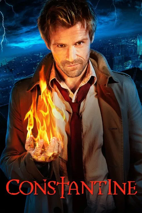 The poster features a man with a determined expression, holding a flaming hand against a dramatic, stormy sky. The intense colors of fire and lightning evoke a sense of danger and urgency, while the title "Constantine" in bold red letters anchors the image.