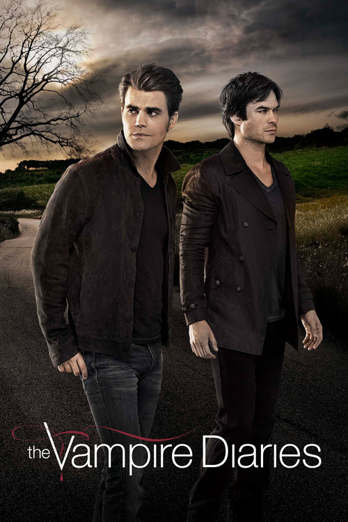 The poster features a group of characters in formal black attire, standing confidently against a dark, moody background. The title "The Vampire Diaries" is prominently displayed in elegant white lettering at the top. The overall mood is mysterious and dramatic, hinting at supernatural themes and ...