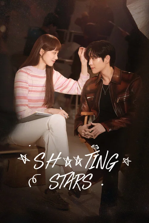 The poster features a tender moment between a young couple, with the woman gently touching the man's face while holding a small object. Warm tones of pink and brown dominate the scene, creating an intimate atmosphere. The title "Shooting Stars" is elegantly written in white script against the bac...