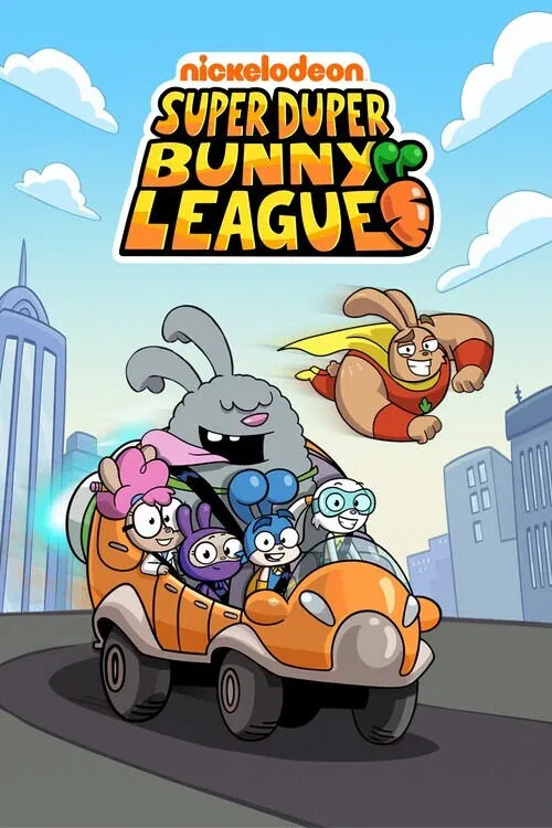 This vibrant Nickelodeon poster features a group of colorful cartoon characters in an orange car racing through a cityscape. The playful and energetic mood is enhanced by the bright colors and whimsical characters, capturing the fun and excitement of the show.