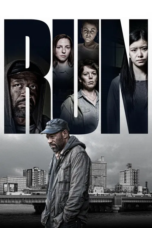 The poster features a gritty, monochromatic image of a man in a cap walking toward a city skyline, with the title "RUN" prominently displayed in bold, fragmented letters. The mood is tense and urban, reflecting themes of survival and struggle.