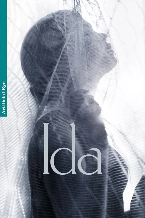 A lone woman in a trench coat walks through snow-covered streets, carrying a suitcase. The poster features a muted, desaturated color palette with stark white text and a large pink "Ida" logo. The mood is somber and reflective, suggesting themes of migration and hardship.