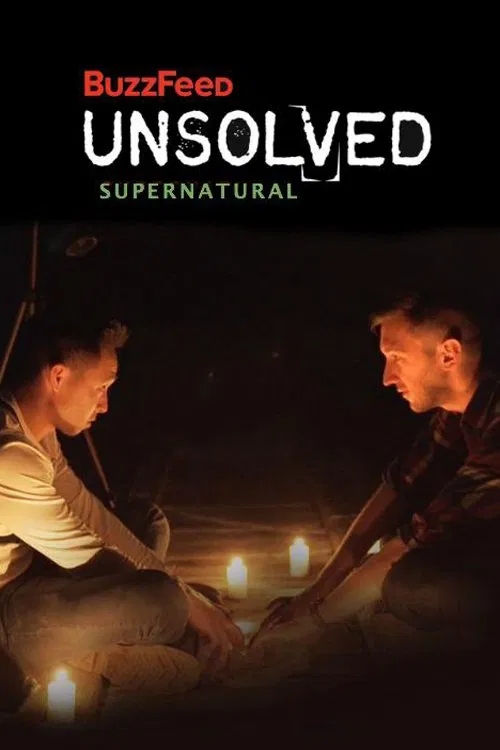 The poster features two people in a dimly lit, mysterious setting with glowing candles, creating an eerie and suspenseful atmosphere. The dark background contrasts with the warm glow of the candles, emphasizing the supernatural theme of the show.