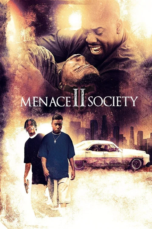 The poster features two men in stark black and white against a bold red background, evoking a gritty, noir atmosphere. The title "MENACE SOCIETY" is prominently displayed in white text at the top and bottom, emphasizing the film's themes of danger and social upheaval.