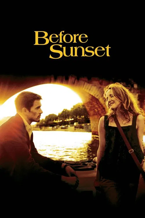 The poster features a romantic couple standing by a serene river, framed by a warm sunset glow. The golden title text contrasts with the dark background, evoking a nostalgic and hopeful mood.